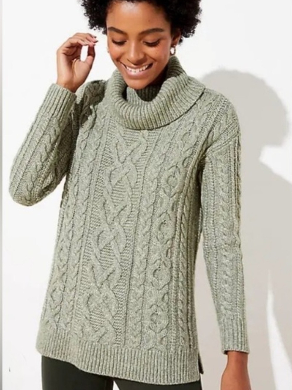 Soft Green Loft Women's Cable Knit Turtleneck Sweater -